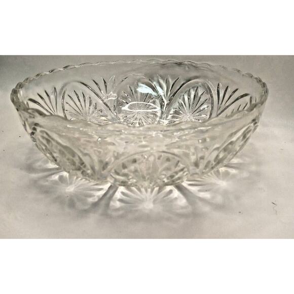 Retro Etched Serving Bowl Clear Cut Glass Decorative Vegetable Salad Fruit VTG - Picture 1 of 11
